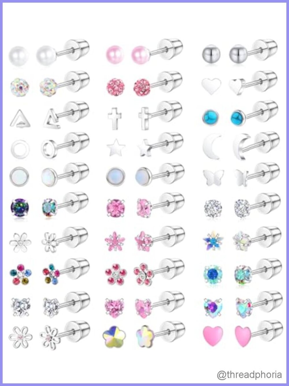 Screw Back Stud Earrings Stainless Steel Faux Pearl Cubic Zirconia Set